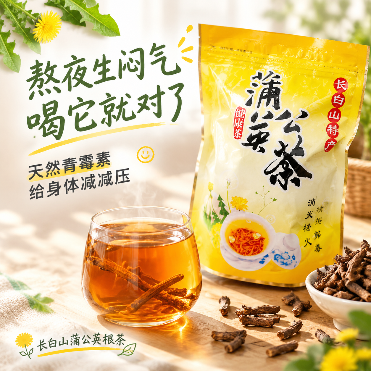[主图-1] 小红书风格蒲公英茶首图，核心任务：吸引熬夜生闷气… - 图片创意预览