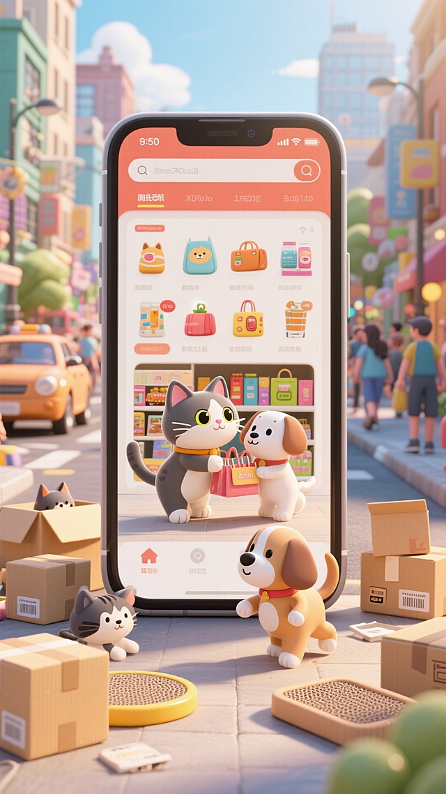 全景视角，城市白天，小猫和小狗在购物。画面中心巨大的手机屏幕显示着各式各样的商品，周围纸箱、猫抓板，背景是热闹的街道