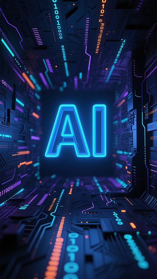 深邃科技感背景，中央悬浮着立体发光的“AI”字样，字母边缘有蓝色霓虹光晕，背景由无数垂直和倾斜交错的数据流线条、二进制代码、电路板纹理构成，呈现出隧道般的纵深感和动感，整体色调以深蓝、暗紫、黑色为基底，点缀亮蓝色、青色和少量橙色的光效粒子，营造出人工智能领域的未来感、科技感与数字空间的沉浸氛围，画面具有强烈的视觉冲击力和层次感，光影对比鲜明，细节丰富的赛博朋克风格数字艺术。