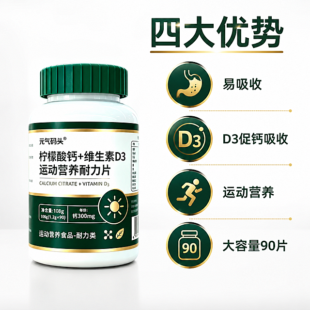 展示元气码头柠檬酸钙+维生素D3耐力片，突出易吸收、D3促钙吸收、运动营养、大容量90片四大优势，适合健身人群使用