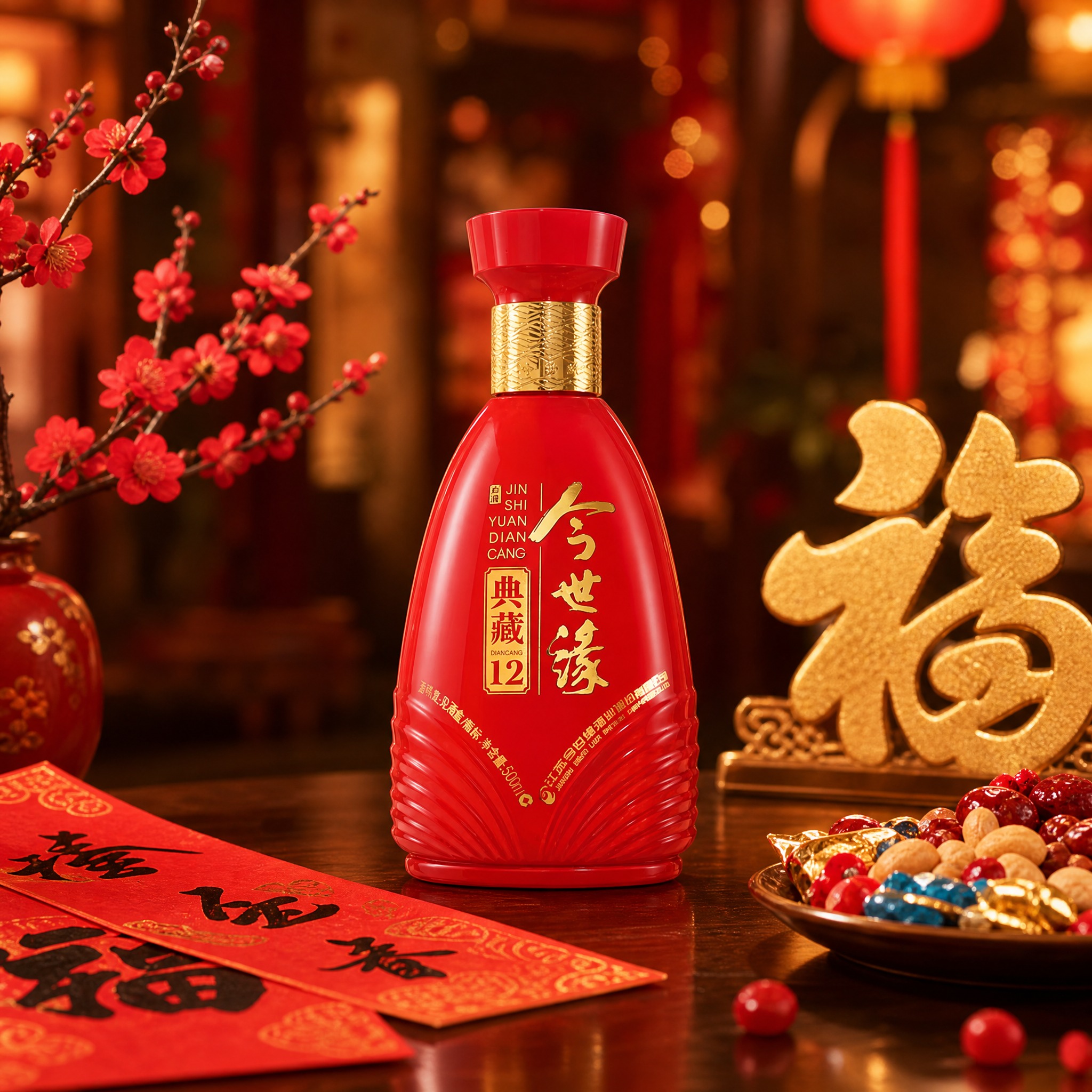 产品场景图，1:1比例。场景为春节新年氛围场景，深木色茶几上放… - 图片创意预览