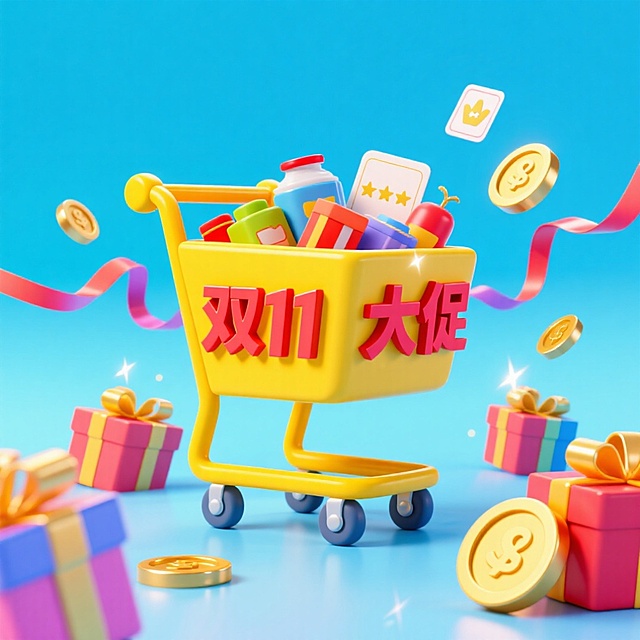 一个装满商品的黄色购物车（车身写着红字“双11大促”），周围环绕金币、彩色丝带、礼盒、评分卡片等元素，背景为渐变浅蓝色，促销氛围