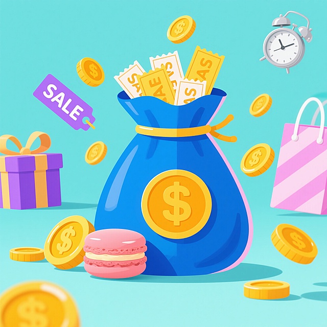 马卡龙配色电商促销素材，1:1比例，背景纯色简约，中央是装满优惠券的蓝色福袋，周围漂浮金色金币，左侧有带“SALE”标签的紫色礼盒，右上角有银色闹钟，整体画面明亮清新，高清晰度