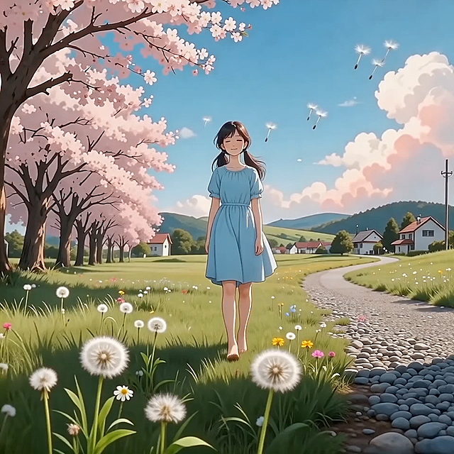 梦幻水彩风动漫场景，少女在樱花与蒲公英间轻盈行走，唯美清新，虚拟自然中的春日童话。
