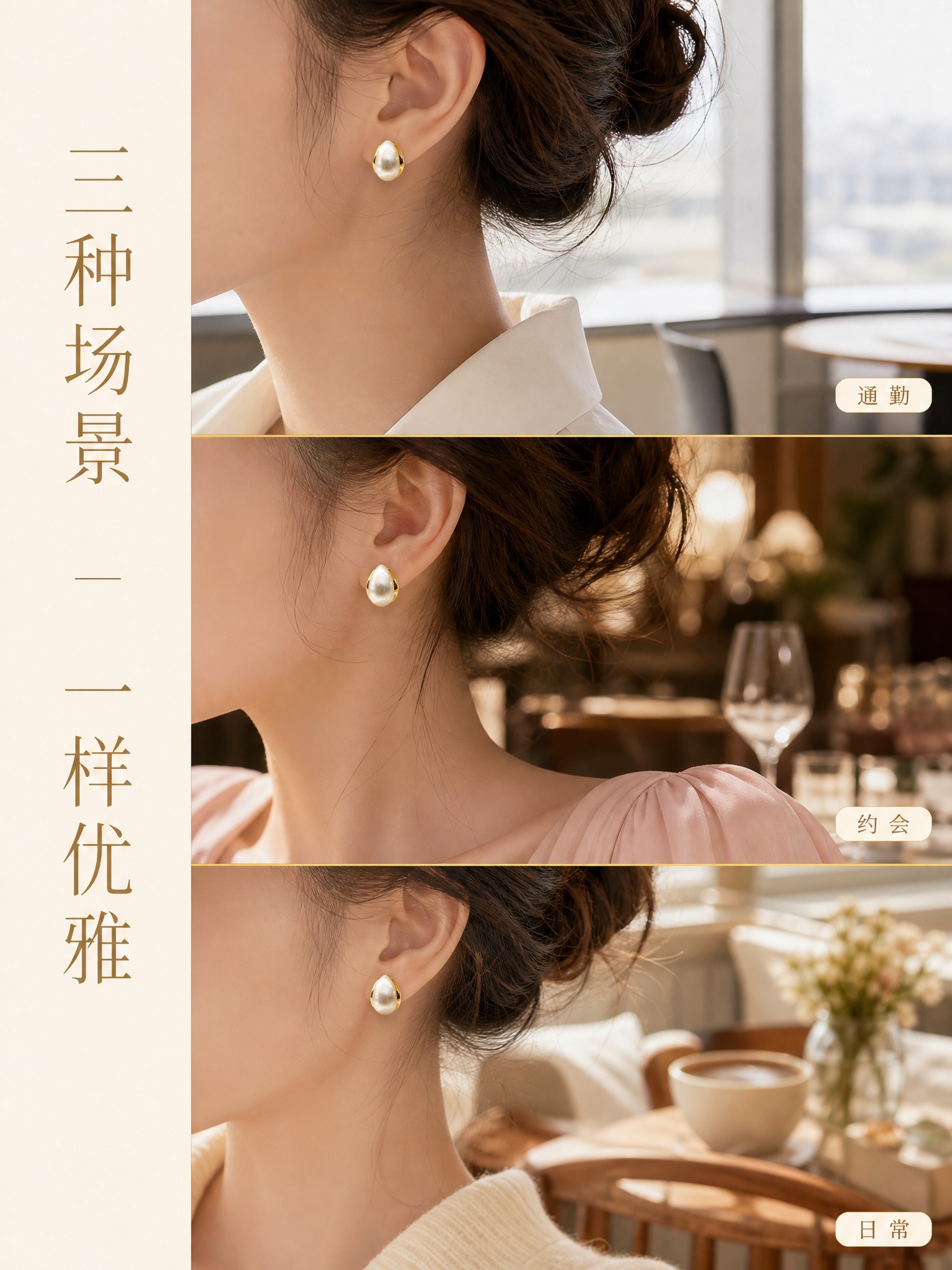 [详情页-2] 水滴形拉丝珍珠耳钉 场景种草 多场景佩戴展示。… - 图片创意预览