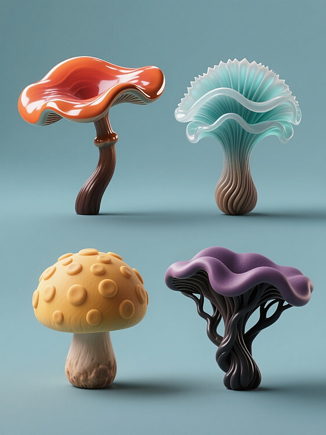 四个完全不同造型的3D风格灵芝素材集合，规整排布在纯色背景上，每个灵芝具有独特的形态设计和色彩方案，保持灵芝的基本生物特征，整体呈现出统一而富有变化的视觉效果。第一个灵芝采用流线型波浪状菌盖，覆盖着光滑的金属质感橙红色表面，搭配细长弯曲的深棕色菌柄；第二个灵芝呈现出多层叠叠的扇形结构，菌盖边缘带有精致的锯齿状花纹，采用柔和的蓝绿色渐变半透明材质，菌柄粗壮且表面有螺旋状纹理；第三个灵芝造型圆润饱满，菌盖表面布满规则的圆形凸起，呈现出温暖的黄色磨砂质感，菌柄短而粗壮，带有自然的结节；第四个灵芝则是不规则的扭曲形态，菌盖边缘向内卷曲，露出内部复杂的褶皱结构，采用深邃的紫色哑光表面，搭配带有分叉的黑色菌柄。每个灵芝都具有清晰的光影效果，高光和阴影的对比增强了立体感，整体构图平衡有序，色彩搭配协调且各具特色。