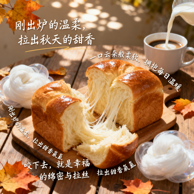 秋日温暖柔和的光线下，洁白通透、弹韧的云朵面团，新鲜柔软，刚出炉的手撕吐司摆放在木质桌面上，表皮金黄、表面微微泛光，面包拉丝蓬松、内部绵密细腻，一旁有新鲜的云朵面团和一杯倒入热牛奶的咖啡，旁边散落几片预览效果