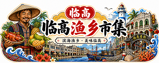 保持画面其他所有元素、构图、风格不变，仅将最左边的女性人物替换为男性渔民形象：中年渔家汉子，皮肤黝黑，头戴斗笠，身穿海南渔民传统服饰，笑容朴实，双手分别端着烤乳猪和热带水果（菠萝、椰子、芒果），国潮手绘插画风格，与整体画面风格协调统一