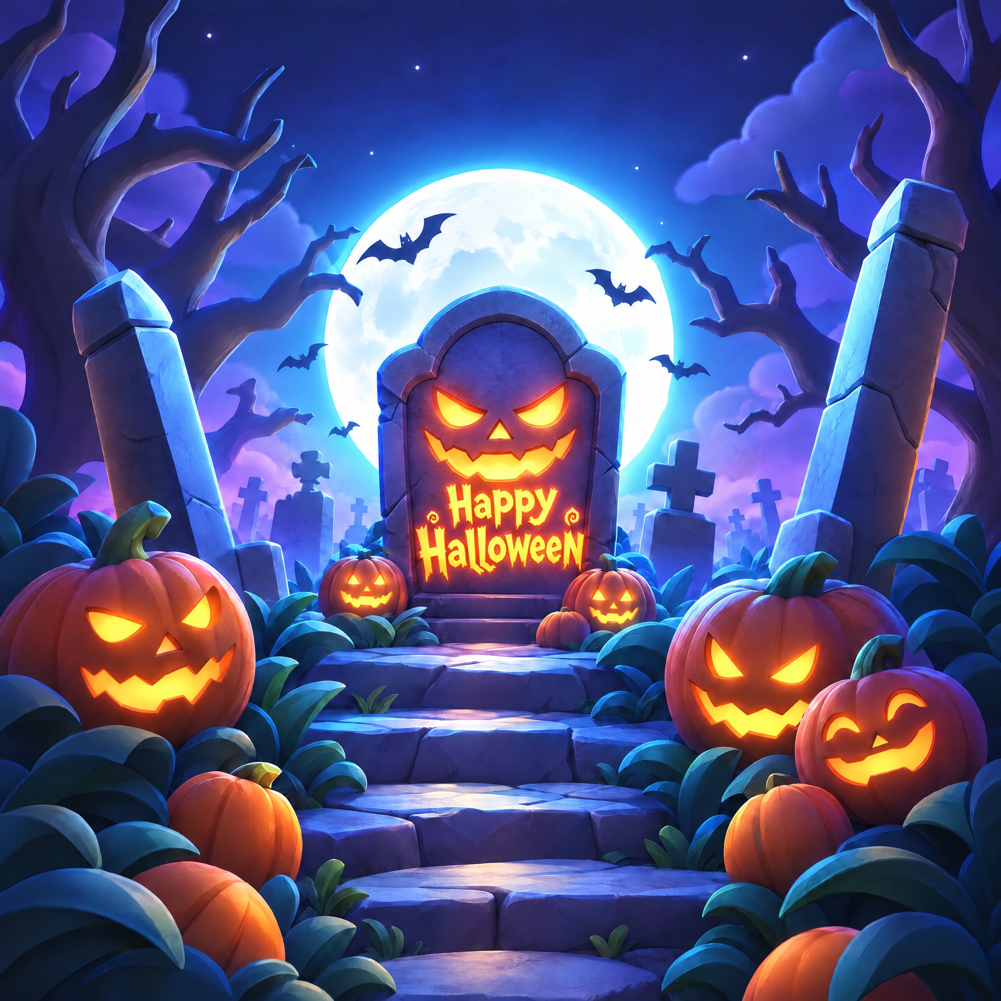 在画面中央的墓碑正面加上"Happy Halloween"英文… - 图片创意预览