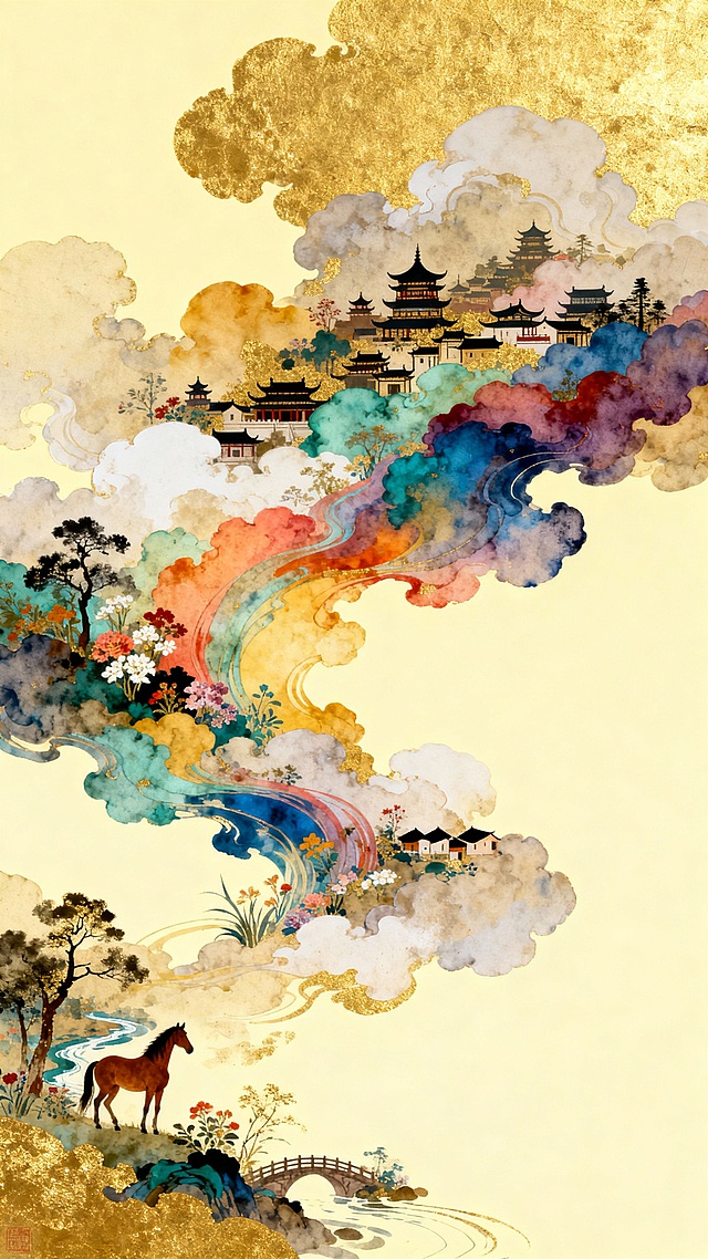 黄金分割比例的扁平插画，一幅大师级的作品，融合了极简主义与工笔画的精髓，采用金箔岩彩画的独特技法。画面从左下角向右上角延伸出一团五彩斑斓的抽象白云，云雾之中隐约可见大量中国古典建筑的剪影。笔刷质感细腻，晕染效果自然，颗粒感丰富，边缘柔和消散。整体色彩高饱和度，对比强烈，背景是浅黄色调，留白面积巨大。线条流畅，质感细腻，营造出唯美的意境。笔触清晰，浓淡相宜，采用矿物色染，不同色阶的色彩汇聚，描绘出花草树木、骏马、小桥流水、小村落，构成一幅世外桃源般的景象，与世隔绝，宛如绿野仙踪的仙境。极简风格下，大面积留白，营造出亦真亦幻，抽象梦幻般的超现实主义效果。非现实的梦幻笔触，不规则构图，展现出大师杰作的风范。高清画质，高分辨率，完美呈现每一处细节。