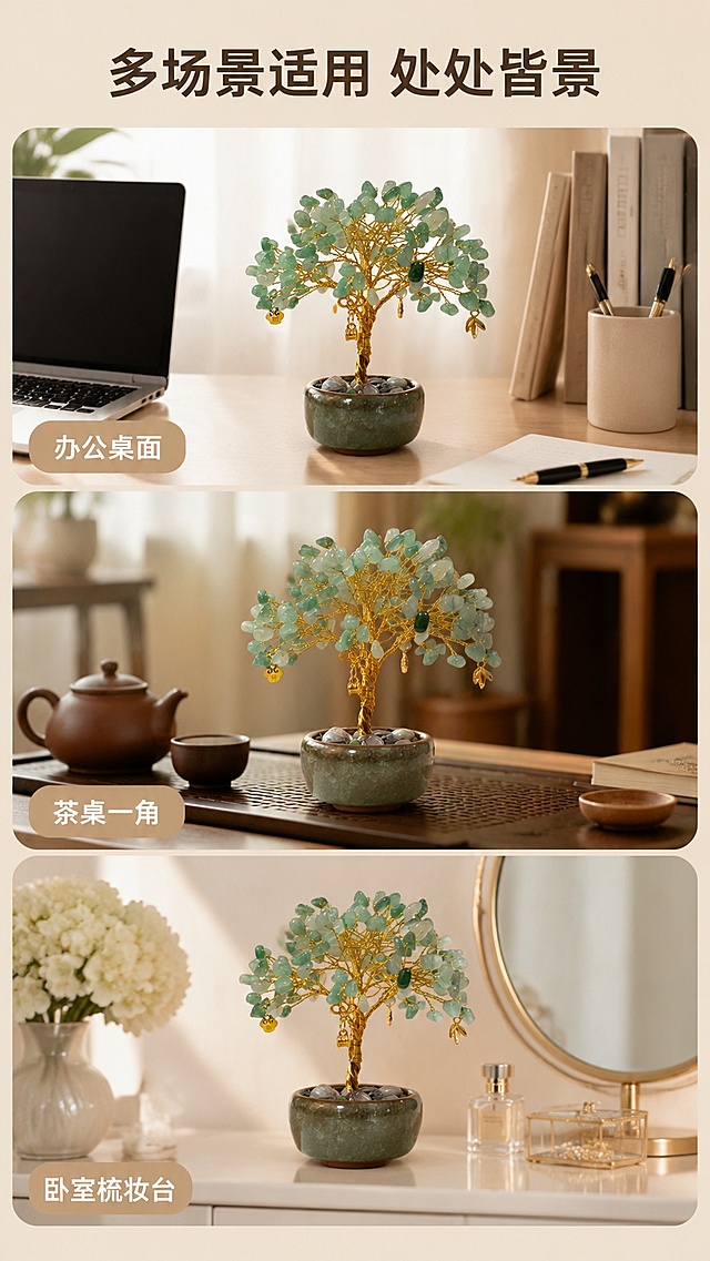 [第3屏] 多场景展示页，水晶发财树适配多空间摆放。本屏使用【图1】作为商品主体，分三格展示不同场景。
[氛围/风格] 真实家居氛围感，自然温馨，生活化场景，商业摄影质感
[元素布局] 页面分为三格竖排，每格展示一个场景，从上到下依次为办公桌面、茶桌一角、卧室梳妆台，产品在每个场景中自然摆放，产品外观颜色结构保持与原图一致。每格场景下方标注场景名称圆角标签。
[光影质感] 每个场景均采用自然柔光，符合空间光照特点，产品清晰真实，阴影自然。
[配色色系] 整体背景暖浅米色，每个场景保留空间原有色调，统一协调不突兀。
[视角构图] 三格竖排拼接版式，每个场景为独立横版小图，整体竖向9:16构图，信息清晰。
[文字版式] 顶部大标题「多场景适用 处处皆景」，加粗居中；每个场景左下角圆角标签标注场景名称，文字清晰不遮挡产品。
[比例分辨率] 9:16竖版比例，4K分辨率，高清画质。
[负向提示词] 产品变形，颜色不一致，场景拼接错乱，文字遮挡产品，文字模糊
