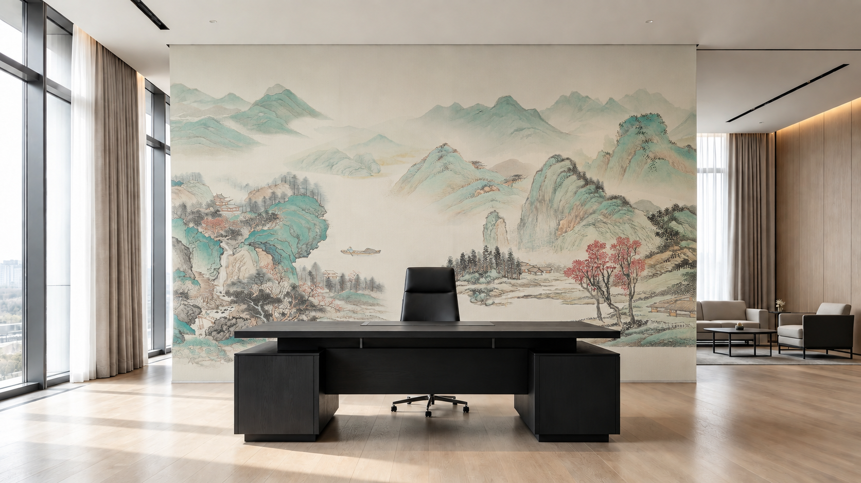 将第二张图中的青绿山水刺绣硬包背景墙图案，完整安装到第一张办公… - 图片创意预览