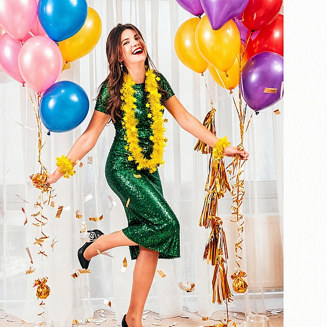Add a yellow tinsel garland with star decorations around the woman's neck, and add yellow tinsel bracelets with star decorations on both of her wrists. Keep the woman, her green sequin dress, balloons, confetti, and the entire party background scene unchanged. Natural lighting and shadows, photorealistic, seamless editing, high quality.