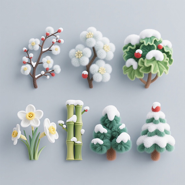 软3D风毛发生长质感植物，融合可爱与清新，呈现冬日温暖治愈感，卡通化设计搭配柔和色系，营造舒适温馨节日氛围。