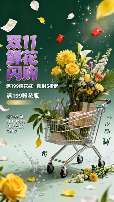 左右布局，右侧为视觉主体，左侧为文字信息区。主色调为深浅绿色渐变，搭配黄色与纯白点缀，清新自然。背景漂浮花瓣、水滴、优惠券、红包，点缀细碎星光与光晕。右侧视觉主体是一辆质感金属购物车，车内满载新鲜花束预览效果