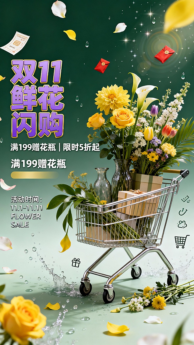 左右布局，右侧为视觉主体，左侧为文字信息区。主色调为深浅绿色渐变，搭配黄色与纯白点缀，清新自然。背景漂浮花瓣、水滴、优惠券、红包，点缀细碎星光与光晕。右侧视觉主体是一辆质感金属购物车，车内满载新鲜花束、花瓶、礼盒，花材包括黄玫瑰、大丽花、马蹄莲、郁金香、绣球、跳舞兰、喷泉草、散尾葵、小菊，色彩明丽，叶片与花瓣自然垂落，购物车车轮旁散落几枝花材。左侧文字信息区：主标题“双11鲜花闪购”，紫色填充+金色描边的粗体艺术字，字形圆润有张力；副标题“满199赠花瓶｜限时5折起”，简洁无衬线字体，白色为主，关键信息浅金色强调；辅助文字“活动时间：11.1-11.11｜FRESH FLOWER SALE”，小号银色无衬线字体，位于左下角，与副标题对齐。背景有花瓣飘落、水珠飞溅动态效果，加入小购物车图标、礼品盒等符号，强化“购物车惊喜”主题。