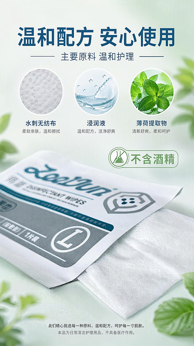 [第5张] 成分与材质页-ZeeDun痔盾卫生湿巾原料解析。本张使用【图5】作为湿巾材质特写主体。
[氛围/风格] 天然温和的护理风，材质微距质感，商业摄影质感。
[元素布局] 展开的水刺无纺布湿巾占据画面下半部分，微距展示无纺布纹理质感，占比约50%；上半部分为成分说明区，用三个圆形图标分别展示水刺无纺布、浸润液、薄荷提取物；中间有「不含酒精」的醒目标识；背景为浅绿白渐变，体现天然温和。
[光影质感] 柔和侧光突出无纺布纤维纹理，材质细节清晰，整体温润明亮。
[配色色系] 全局底色 #F0F7F4 浅绿白渐变；主色 #1A6B8C 深蓝；辅助色 #7FB069 薄荷绿、白色、浅灰。
[视角构图] 微距特写+上信息布局，阅读动线上方成分标题 → 中部三成分图标 → 下方湿巾材质微距。
[文字版式] 版式为上半成分说明 + 下半材质微距。主标题「温和配方 安心使用」，副标题「主要原料 温和护理」；三个成分图标分别标注「水刺无纺布」「浸润液」「薄荷提取物」；右侧醒目标签「不含酒精」；底部小字说明产品温和特性；字体清晰，信息层级分明。
[比例分辨率] 9:16 竖版比例，4K分辨率，文字清晰可辨，高清画质。
[负向提示词] 产品变形，材质错误，水印，文字过小，医疗化功效承诺，绝对化用语。