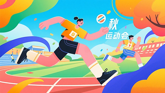 卡通感插画风，扁平化设计融合几何元素与噪点纹理，展现秋运会的热血与活泼氛围，清新色彩传递运动乐趣。