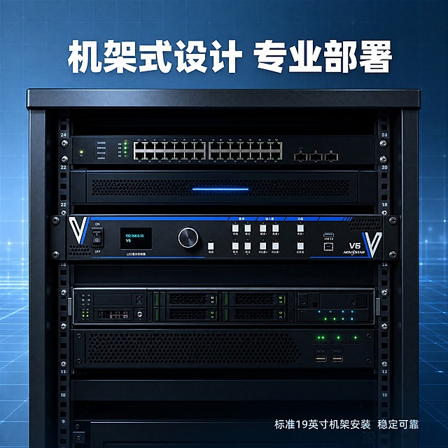 [主图-4] 设备机柜安装场景，展示诺瓦V6在标准19英寸机柜中的专业安装状态，体现工业级设备的专业应用场景。
[统一基调] 淡蓝色科技风，背景为淡蓝色渐变科技感底，带细微网格线；标题字色为白色加粗无衬线字体，辅助字色为浅灰蓝色，强调色为亮青色；整体简洁专业、高端科技感。
[画面] 画面中央展示一个标准服务器机柜的局部，机柜为黑色金属材质，诺瓦V6设备安装在机柜中部，标准机架式安装，两侧耳朵固定在机柜立柱上；机柜中还可以看到其他几层专业设备，如交换机、服务器等，体现专业机房环境；设备指示灯有微弱发光，呈现工作状态；机柜背景是简洁的科技感淡蓝色，不出现任何人物。
[光影质感] 工业设备摄影质感，金属机柜和设备表面有细腻质感，设备边缘清晰，指示灯有柔和发光效果，整体光线均匀专业。
[配色] 黑色金属机柜和设备，淡蓝色科技背景，指示灯亮青色和淡绿色发光，整体冷色调专业感。
[文字版式] 顶部大标题："机架式设计 专业部署"白色粗体大字；右下角小字"标准19英寸机架安装 稳定可靠"浅灰蓝色；文字不遮挡产品主体。
[输出要求] 1:1正方形，800×800像素，设备清晰，场景专业；负向：产品变形、模糊、人物人像、杂乱背景、水印、平台Logo。