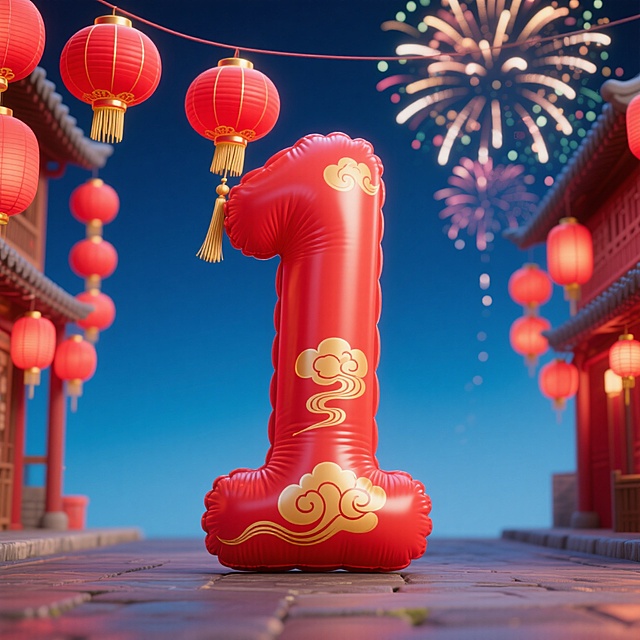 红充气 “1” 字饰祥云，配红灯笼、烟花，营造传统节日欢庆氛围