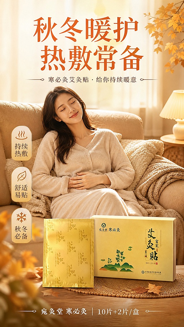 竖版商业海报，9:16比例，写实商业摄影风格，温暖治愈秋冬暖护主题。画面中上部为一位年轻女性坐在温暖的室内沙发上，双手轻捂腹部，神情放松舒适，身穿柔软家居服，周围有毛毯、暖光台灯、落叶等秋冬元素，营造秋冬寒冷中寻求温暖的氛围。画面下半部偏右位置放置两款艾灸贴产品，【图1】单片金色包装与【图2】金色产品外盒并排陈列，产品占画面约25%，不占据太大画幅，产品下方有柔和光影承托。产品100%还原上传商品图的外形、包装、LOGO、印刷文字、材质质感、颜色与正面朝向，以图为准。

画面文字布局：
- 主标题（画面上部居中）："秋冬暖护 热敷常备"
- 副标题（主标题下方）："寒必灸艾灸贴 · 给你持续暖意"
- 三个卖点标签（画面左侧中部，竖排或横排小标签）："持续热敷"、"舒适易贴"、"秋冬必备"
- 品牌小字（底部）："宛灸堂 寒必灸 | 10片+2片/盒"

配色：暖橙色、米金色、暖棕色为主，搭配柔和米白背景，整体温暖舒适。光影：侧前方暖光柔光，柔和浅淡阴影，氛围感强。版式精美，层级分明，文字清晰可读，文字不遮挡产品主体。画面中所有信息区域必须填充完整合理内容，不得出现空白框或待填写区域。
