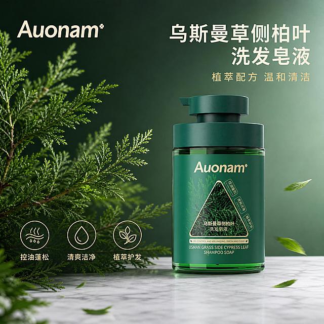 [主图-1] 首图品牌调性，植萃天然洗发产品主视觉。
[统一基调] 整体风格为高级植萃天然感，背景主色为深森林绿渐变至浅薄荷绿，标题字色为米白色，辅助字色为浅金色，强调色为翠绿色；字体为干净无衬线体，字号层级分明；卡片和图标采用细线描边+半透明绿底样式。
[画面] 产品瓶身居中偏右，占画面约60%，正面完整展示，瓶身外观、颜色、标签文字与输入图完全一致。左侧为真实侧柏叶和乌斯曼草植物枝叶，叶片翠绿有光泽，部分叶片悬浮在产品周围，营造天然成分环绕感。底部是浅灰色大理石质感台面，产品放置在台面上，有自然接触阴影。左上角放置提取的Auonam品牌Logo。
[光影质感] 商业摄影质感，柔光箱布光，主光从左上方打来，瓶身有柔和高光和反光，植物叶片通透有层次，整体光影干净高级，3D渲染质感。
[配色] 主背景深绿到浅绿渐变，植物翠绿色，产品深绿色瓶身，文字米白+浅金，整体色调统一和谐，植萃氛围浓厚。
[文字版式] 主标题在画面右上方，大字米白色："乌斯曼草侧柏叶洗发皂液"，下方小字浅金色："植萃配方 温和清洁"。左下角三个小图标横向排列，分别配文字："控油蓬松"、"清爽洁净"、"植萃护发"，图标为细线风格，文字为小号无衬线体。
[输出要求] 1:1正方形比例，2048*2048，文字清晰可读，产品清晰不变形，无水印无平台Logo，无多余杂物，画面干净高级。负向：产品变形、标签错字模糊、颜色偏差、悬浮感、杂乱背景、多余人物、夸张宣传用语、绝对化用词。