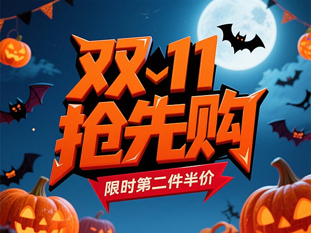 3D尖锐的字体设计，橙色“双11抢先购”+红色“限时第二件半价”，黑色蝙蝠嵌入在文字里，双层字效结构。背景点缀南瓜灯、蝙蝠与月光下的天空，以及大量节日装饰，