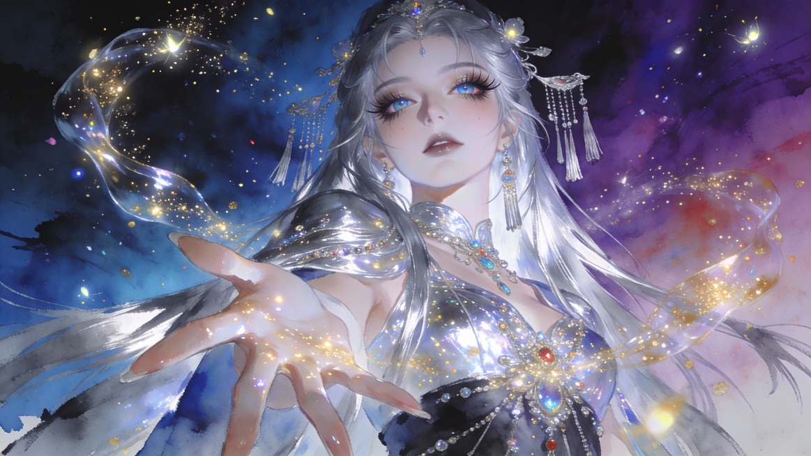 水彩融合水墨，厚涂。3D仿真 妖孽冷艳美女，病娇，惨白皮肤。瓷白如玉、珠光肌质感，油润高光修长纤细手指。微距镜头，中景半身图，绝美幢仁，戏剧感梦幻妆容，极尽奢华，极其华面，画风细腻，面部细节刻画，长睫预览效果