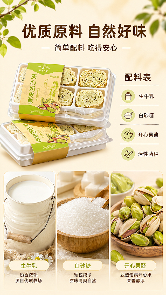[第2屏] 详情页成分展示-正飞夹心开心果味奶皮子卷原料展示。
[氛围/风格] 自然原生态风格，干净清新商业美食摄影，突出原料天然优质。
[元素布局] 左侧上下分栏，上半部分放完整产品包装，保持包装结构、颜色、文字与输入产品图一致；下半部分展示原料：左侧区域放新鲜生牛乳桶装，中间放白砂糖，右侧放饱满开心果仁，三种原料用浅米色分格承托，右侧区域放置配料信息文字。整体上下布局饱满，信息密度充足，不留白过多。
[光影质感] 顶部柔和均匀打光，每个原料都有清晰高光，奶皮和开心果纹理清晰，画面干净通透，没有暗部死黑。
[配色色系] 全局底色：#FFF5E6（暖米黄）；主体配色：#F2C94C + #8DB600 + #FFFFFF；辅助色：#6B4423 + #333333，和首屏保持一致。
[视角构图] 平视视角，原料区域微距展示，景深适中，产品和原料都清晰。
[文字版式] 顶部大标题"优质原料 自然好味"深棕色圆角黑体居中，主标题下方副标题"简单配料 吃得安心"。右侧区域列出配料表：生牛乳 白砂糖 开心果酱 活性菌种，每条配料前加圆形浅绿图标。字形：标题采用圆角黑体，正文采用同家族无衬线；字色：仅深棕色1种；字效：纯色填充。
[比例分辨率] 宽度1080 高度1920，2k分辨率，文字清晰可辨，超高清。
[负向提示词] 产品变形，包装文字错乱，颜色偏差，水印，背景杂乱，文字模糊，配料错误。