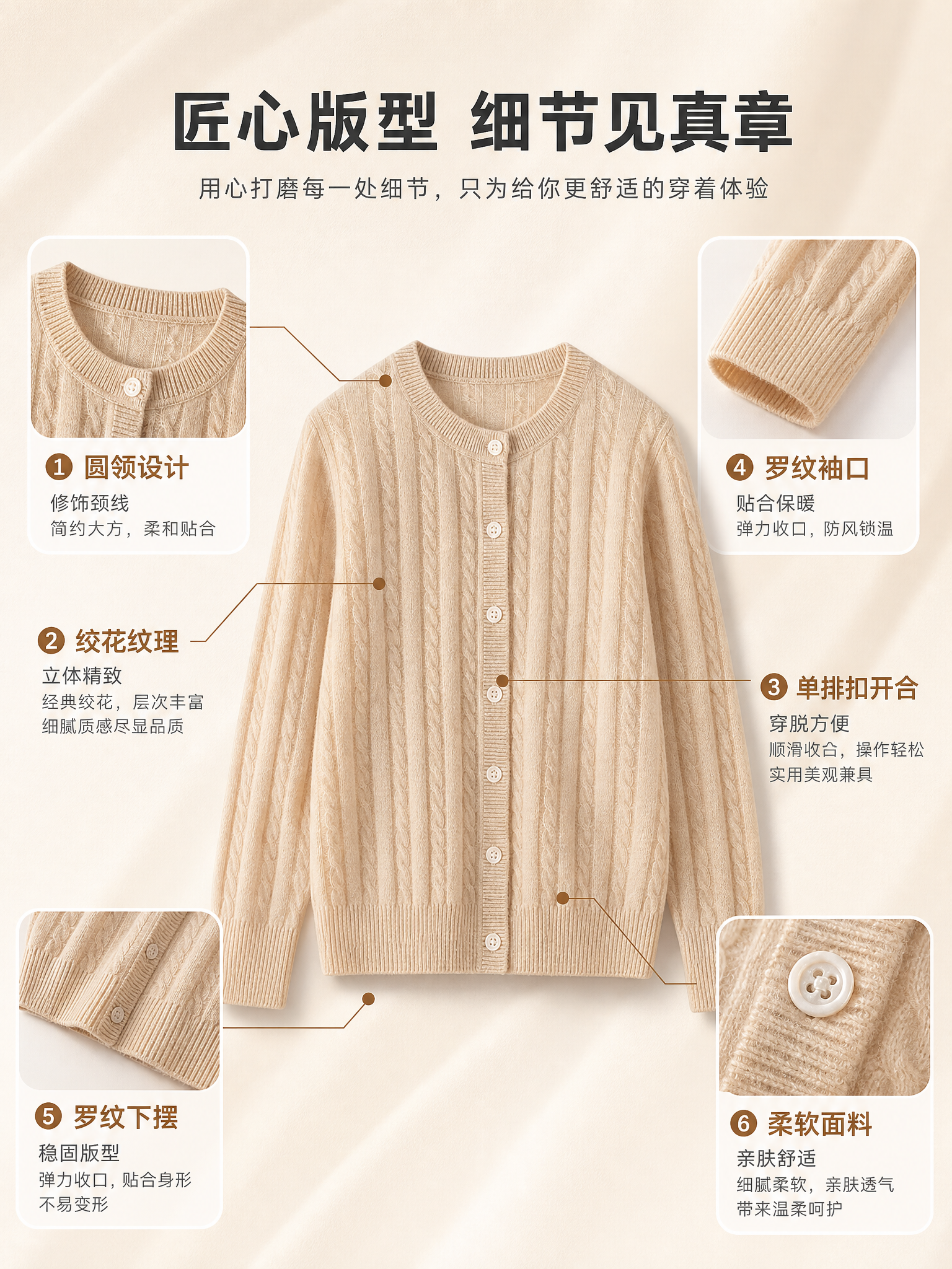 [商品] 使用【图1】浅米色圆领绞花针织开衫；商品处理：保留圆… - 图片创意预览
