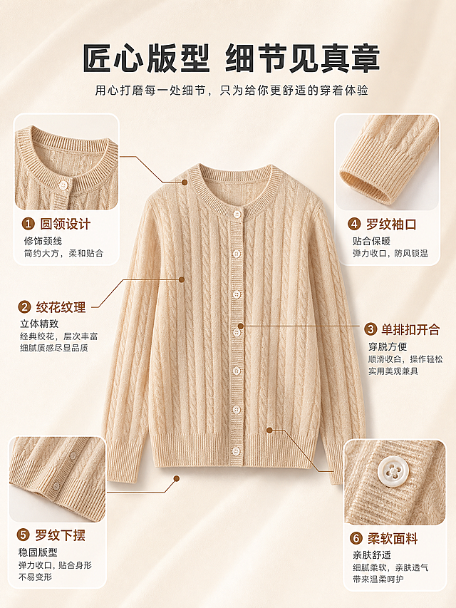 [商品] 使用【图1】浅米色圆领绞花针织开衫；商品处理：保留圆领、绞花纹理、单排扣、罗纹收口、长袖版型和浅米色；自然理顺垂坠，增强针织纹理、缝线和纽扣质感，不改变版型结构。
[画面] 页面目标：版型结构解析，多角度拆解设计亮点。构图：中间正面展示浅米色开衫全身平铺，四周用细线引线标注关键结构点。左上角小图展示领口细节，右上角小图展示袖口细节，左下角小图展示下摆细节，右下角小图展示纽扣细节。主体占比60%，居中平铺，四周细节小图环绕。阅读动线从上方标题到中间主图再到四周标注和细节小图。
[视觉] 套系策略：风格=高级松弛感时尚商业摄影；标题字=现代无衬线粗体；正文字=简洁无衬线体；主色=浅米杏；背景延展=基于浅米杏做深浅层级、同色渐变和细腻织物/纸张质感；强调色=奶茶棕，仅用于小面积图标、引线和标签；标题色=深炭灰；正文色=中暖灰；组件=圆角浅底信息卡、细线引线；光影=左前侧暖柔光。
[文字] 上方主标题「匠心版型 细节见真章」。引线标注6处：「圆领设计 修饰颈线」「绞花纹理 立体精致」「单排扣开合 穿脱方便」「罗纹袖口 贴合保暖」「罗纹下摆 稳固版型」「柔软面料 亲肤舒适」。每个标注配短说明文字。
[规格] 图片比例3:4竖版，4K，避免变形、错字、文字过小、冷蓝/蓝灰背景、衣服颜色改变、版型失真、水印、平台Logo。