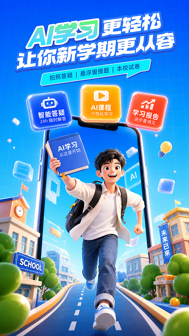 活力科技感3D插画风格推广AI学习工具竖版海报