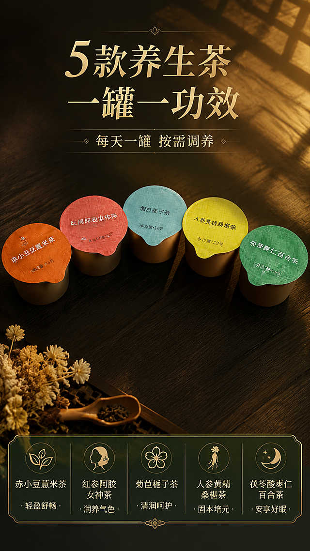 [第1屏] 详情页口味矩阵屏-5款养生小罐花茶全家福展示。本屏使用【图1】作为小罐产品主体。
[氛围/风格] 东方雅致养生风，高级质感，商业摄影级，暖调中式氛围。
[元素布局] 画面中央呈弧形排列5个彩色小罐，从左到右依次为：赤小豆薏米茶（橙色盖）、红参阿胶女神茶（红色盖）、菊苣栀子茶（浅蓝盖）、人参黄精桑椹茶（黄色盖）、茯苓酸枣仁百合茶（绿色盖）；小罐为棕色杯身+布纹质感铝膜盖，带小撕耳，形状、颜色、文字排列与输入图完全一致；背景为深色木质纹理桌面，上方有中式窗棂投影的暖光光斑，左下角点缀干花与茶勺；小罐占画面主体约60%。
[光影质感] 右上方暖金色柔光斜射，罐盖布纹质感清晰，罐体有自然高光，底部柔和投影，整体温暖有层次。
[配色色系] 全局底色 #2A352A（深墨绿暗调渐变）；主色墨绿、暖金；辅助色小罐本身的橙红蓝黄绿多彩配色。
[视角构图] 45°斜俯视视角，5罐呈弧形排列为视觉中心，阅读动线上方标题 → 中部小罐矩阵 → 下方口味标签。
[文字版式] 顶部主标题「5款养生茶 一罐一功效」，暖金色宋体大字；下方副标题「每天一罐 按需调养」，米白色宋体小字。每个小罐下方对应标注口味名称+核心作用标签，如「赤小豆薏米茶·轻盈舒畅」「红参阿胶女神茶·润养气色」「菊苣栀子茶·清润呵护」「人参黄精桑椹茶·固本培元」「茯苓酸枣仁百合茶·安享好眠」，米白色配小图标。字体统一宋体风格，字色暖金+米白两种。
[比例分辨率] 9:16竖版比例，4K分辨率，文字清晰可辨，高清画质。
[负向提示词] 小罐变形，颜色偏差，罐盖文字错乱，缺件错件，水印，模糊，医疗功效绝对化用词。