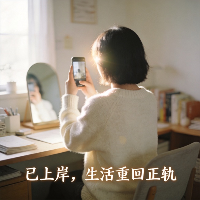 1:1正方形氛围感女性居家照片，年轻温柔干净的东亚女生，穿着柔软米白色毛衣，对镜自拍逆光背影不露脸，居家整洁书桌旁，背景温馨柔和，模糊高级感，整体气质松弛治愈，配文意境"已上岸，生活重回正轨"，风格温预览效果