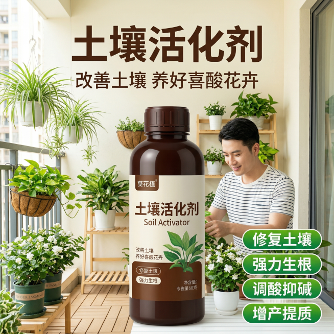 [主图 1 首图点击率吸睛] 主图主题：土壤活化剂居家园艺首图，氛围风格：自然居家园艺氛围，明亮干净自然光，温馨阳台种植场景。画面元素：一瓶土壤活化剂产品居中放大放置，背景是洒满阳光的整洁阳台，阳台摆预览效果