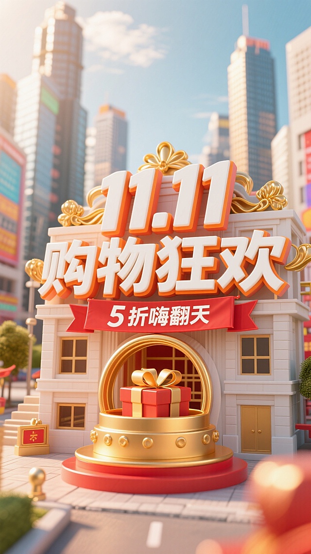 以暖橙色为主色调，前景是立体字组成的醒目建筑， “11.11购物狂欢” 立体大字（白与暖橙渐变，配金色装饰）及下方 “5 折嗨翻天” 红色横幅；中间有金色圆形装置（内有礼物）；背景是繁华都市