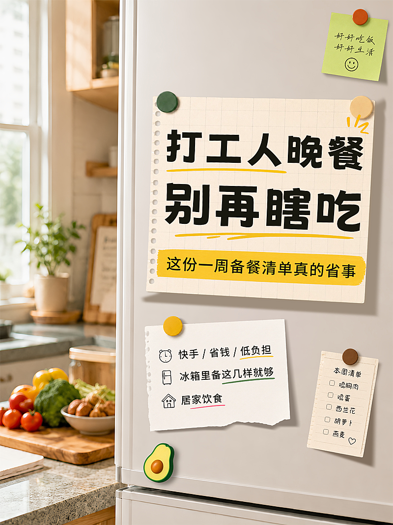 打工人一周晚餐备餐清单分享治愈厨房风小红书封面