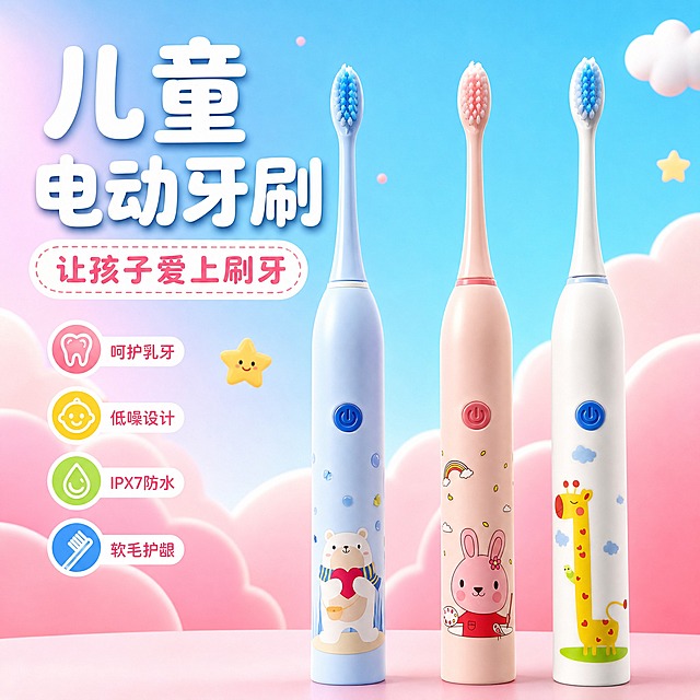 [主图-1] 儿童电动牙刷商品识别首图，突出三款可爱卡通外观的儿童电动牙刷，建立产品身份和核心识别特征。
[统一基调] 拼多多风格，大字直白，童趣可爱，性价比感强；背景使用柔和渐变蓝粉色，主标题字色为白色加粗大字，辅助字色为深粉色，字体为圆润可爱的无衬线体，字号层级分明，卡片使用圆角卡通样式。
[画面] 画面中央展示三款儿童电动牙刷并排站立，从左到右分别是浅蓝色小熊款、粉色兔子款、白色长颈鹿款，保持与输入图完全一致的外观、颜色、图案和按键位置。产品呈30度微仰视角，主体占画面约65%。背景是柔和的蓝粉渐变天空，点缀几朵卡通白云和小星星，营造童趣氛围。产品下方有淡淡的接触阴影，自然不悬浮。左上角放置大号主标题文字。
[光影质感] 商业儿童产品摄影质感，主光从左上方打来，柔和均匀，牙刷机身呈现软胶材质的温润光泽，刷毛部分清晰可见，整体光线明亮温馨。
[配色] 主背景蓝粉渐变暖色调，产品保持原色，标题白色加粗，辅助文字深粉色，图标使用黄色、绿色等明亮童趣色。
[文字版式] 左上角大号主标题「儿童电动牙刷」，下方稍小字副标题「让孩子爱上刷牙」，字体圆润可爱，横排排列，文字清晰不遮挡产品主体。
[输出要求] 1:1正方形比例，产品清晰完整，文字清晰可读，画面干净童趣。禁止变形、错字、模糊、杂乱背景、水印、拼多多平台Logo、任何平台官方元素。