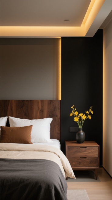 现代极简主义卧室，深棕色实木床头板与床头柜，纹理清晰自然，搭配浅米色与深灰色床品，柔软的白色枕头与棕色靠垫，右侧黑色墙面带有嵌入式暖黄色灯带，床头柜上摆放着带有黄色花朵的花瓶，整体色调沉稳温暖，柔和的侧光营造出宁静舒适的氛围，光影层次分明，材质质感细腻真实，空间布局简洁有序，具有高级的现代家居设计感。预览效果
