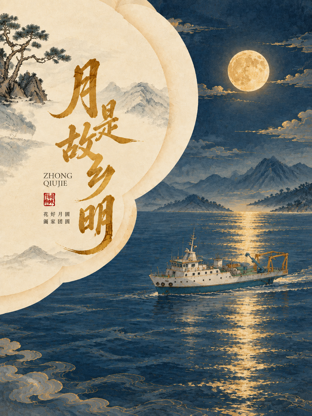 优化这张中秋海报，使色调与元素更加和谐统一。将科考船的风格调整… - 图片创意预览