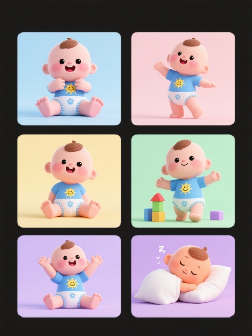 一套6个不同动作的可爱卡通婴儿系列素材，保持统一的圆润Q版风格、简洁线条、平滑色块和明亮色彩，每个婴儿都有光溜溜的小脑袋、头顶一小撮棕色头发、大大有神的黑色眼睛、粉嫩的脸颊红晕、穿着印有黄色笑脸太阳图案的蓝色T恤和白色带蓝色花边的纸尿裤，动作分别为：1. 双手抱着脚丫开心大笑 2. 趴在地上好奇地抬头看 3. 蹒跚学步张开双臂保持平衡 4. 坐在地上玩彩色积木 5. 举起双手欢呼雀跃 6. 依……预览效果