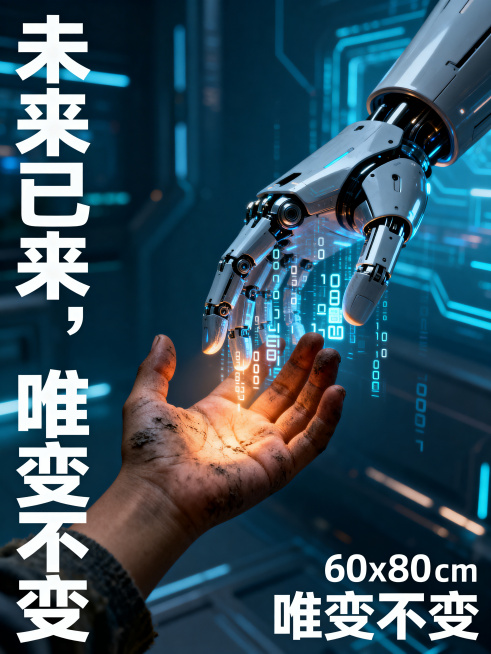 未来科技主题海报，主题文字"未来已来，唯变不变"。深刻探讨人与技术关系，突出对弱势群体的社会关怀：一只机械手掌温柔托举着一双孩童粗糙的小手，从数字光影中伸向观众，冷色调赛博背景下，一束暖光照亮双手，象预览效果