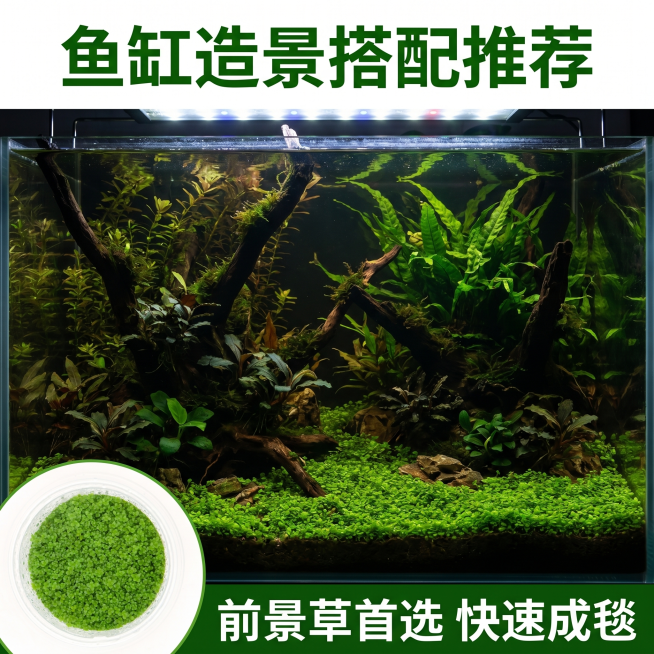 [主图 8] 迷你矮珍珠水草造景搭配推荐。[氛围风格] 完整鱼缸造景展示，自然黑化丛林氛围。[画质] 高清真实水族摄影，清澈自然。[元素] 完整鱼缸造景，迷你矮珍珠铺设前景，搭配沉木和后景水草，整体造预览效果