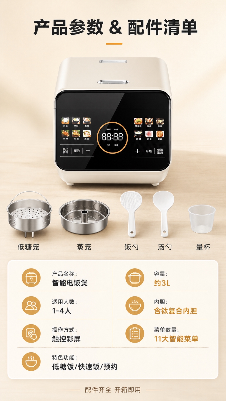 [商品] 使用【图1】米白色智能电饭煲及全套配件；保留电饭煲正… - 图片创意预览