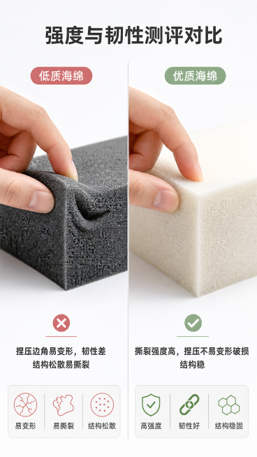 [第4屏] 强度表现测评对比页。动态测评，真实可信对比清晰。左右分栏：左侧手指捏压低质海绵边角，边缘变形缺乏韧性；右侧捏压优质海绵边角，形态稳定不易变形，动作一致方便对比。下半部分文字说明。顶部主标题预览效果