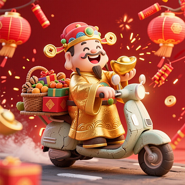 3D国潮风，财神爷骑电瓶车送礼，喜庆卡通拟人设计，鎏金元素点缀，节日氛围浓厚。