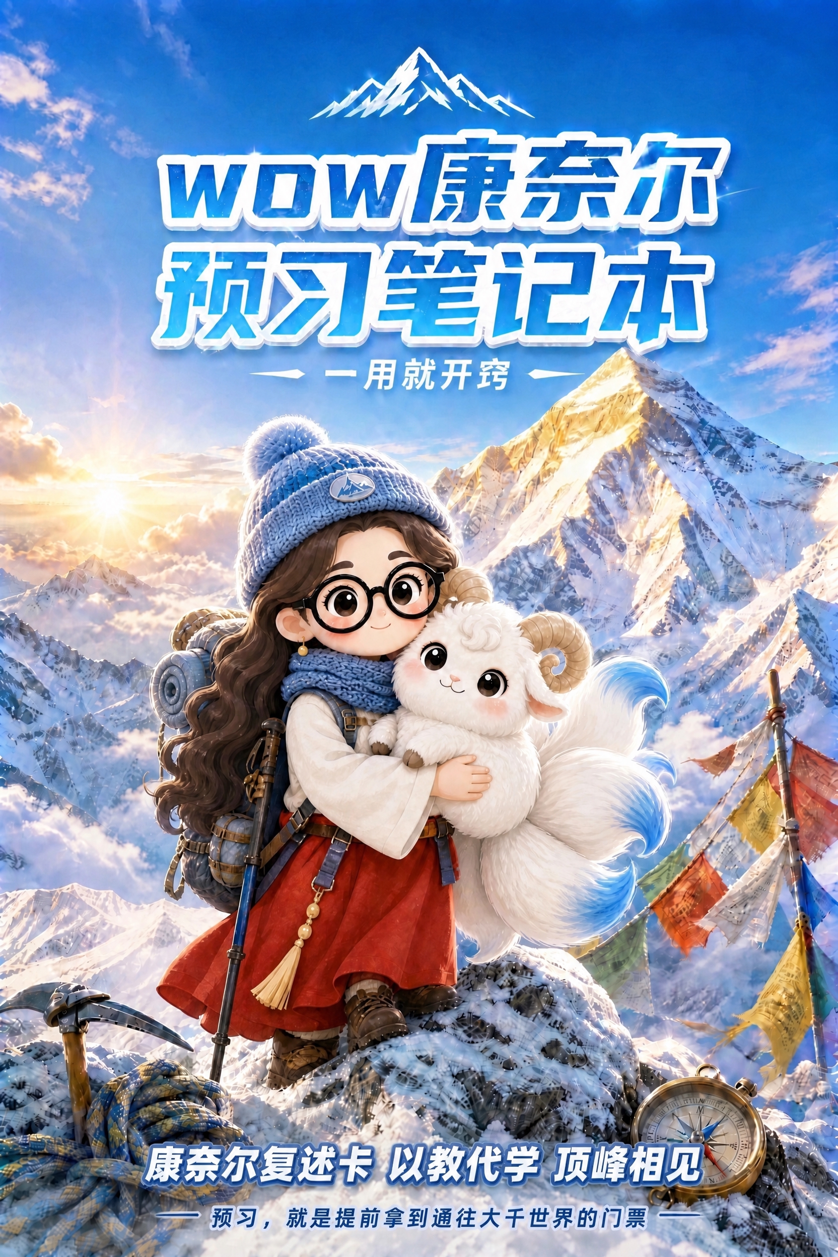 保持原图的雪山背景、老师抱小羊的伴读组合、登山装备、经幡、顶部… - 图片创意预览
