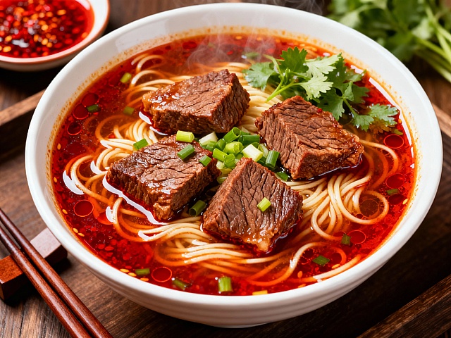 热气腾腾的牛肉小面，碗中是鲜红色的辣汤，表面漂浮着红油，面条劲道，上面摆放着4块大块红烧牛肉，肉质饱满，点缀翠绿葱花和香菜，旁边放着筷子和红油辣子小碟，色彩鲜艳充满食欲，高清质感，细节丰富