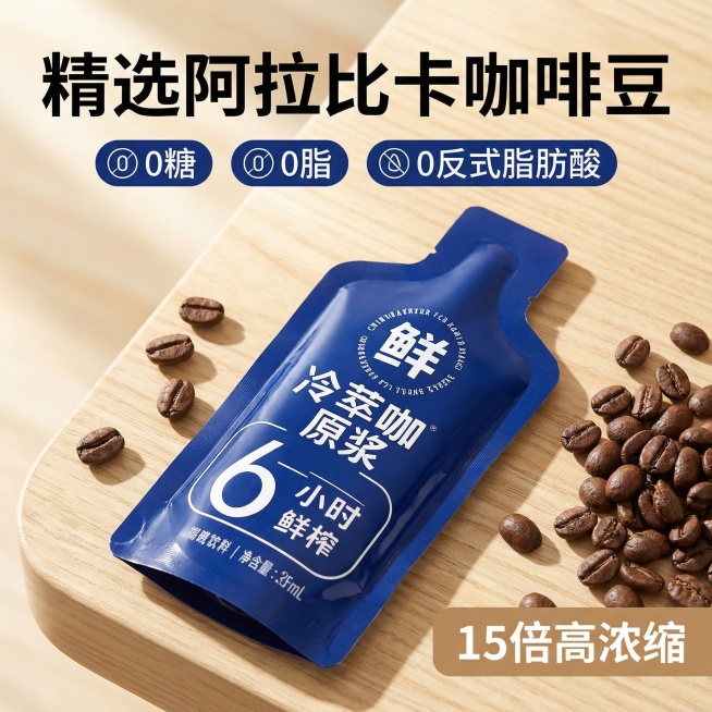[主图 2] 冷小知浓缩咖啡液核心卖点展示，突出原料优势
[氛围/风格] 电商风，清新自然，真实可信，阳光食欲感
[画面元素] 用户提供的冷小知咖啡液包装盒居中，周围摆放完整的阿拉比卡咖啡豆，背景是浅预览效果