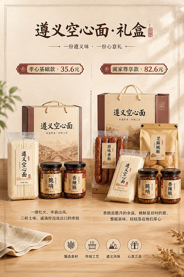 竖版产品海报，干净温馨的美食电商详情页风格，左右分栏展示两款遵义空心面礼盒。背景为浅麻布纹理搭配木纹桌面，光线明亮自然柔和侧光。左侧区域上方标注"孝心基础款 · 35.6元"，下方排列产品实物图：500g遵义空心面、脆哨、香辣脆，并附一行小字："一缕灶火，半袋山风，三样土味，盛满你没说出口的牵挂"。右侧区域上方标注"阖家尊享款 · 82.6元"，下方排列：原味香肠、芝麻桃酥、500g遵义空心面、脆哨、香辣脆，附一行小字："香肠是腊月的余温，桃酥是旧时的甜，整箱家味，轻轻落在他们掌心"。整体食物看起来新鲜诱人，文字清晰，布局规整，留白适当，高级感，版式精美，四边保留安全边距，配色温暖协调